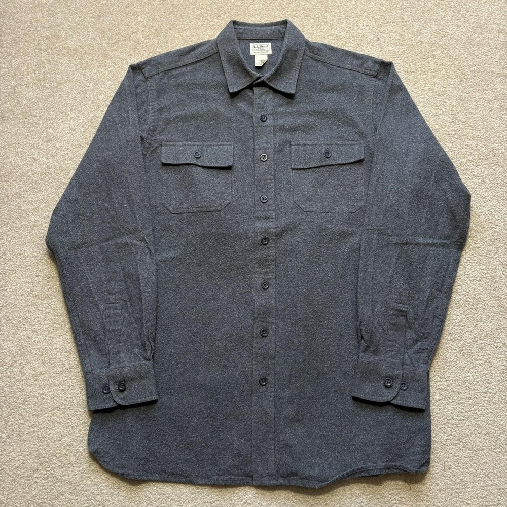 L.L. Bean Shirt Mens LT‎ Gray Solid Flannel Button Up Long Sleeve Tall Casual